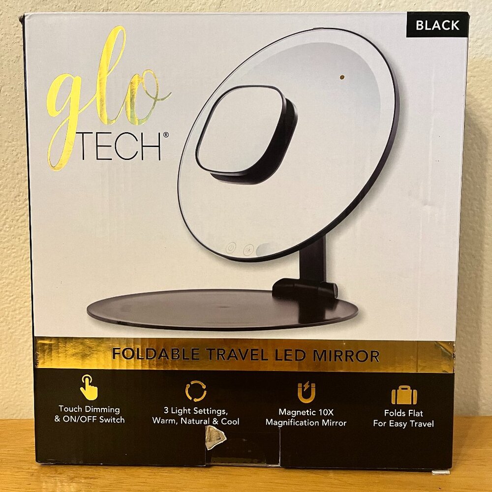 Glo Tech Foldable Travel Makeup LED Mirror, Black - New, Unsealed Box